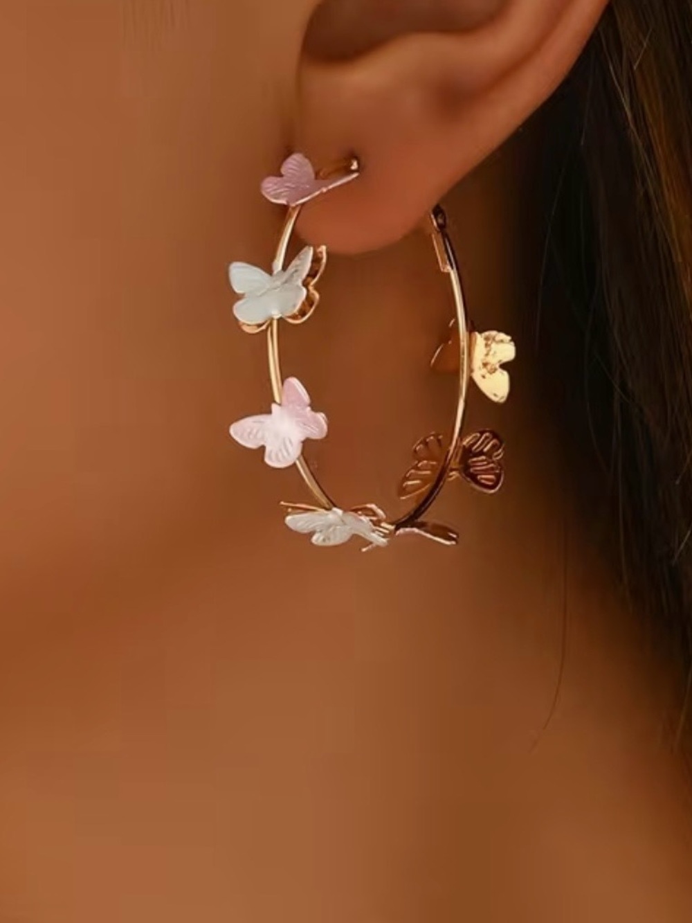 Gold Butterfly Hoop Earrings with Pink and White Accents